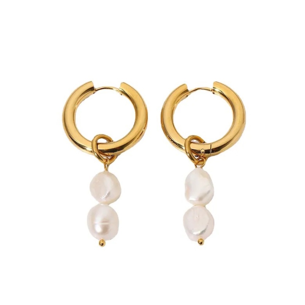 New 18K Gold Plated Double Fresh Water Pearl Earrings